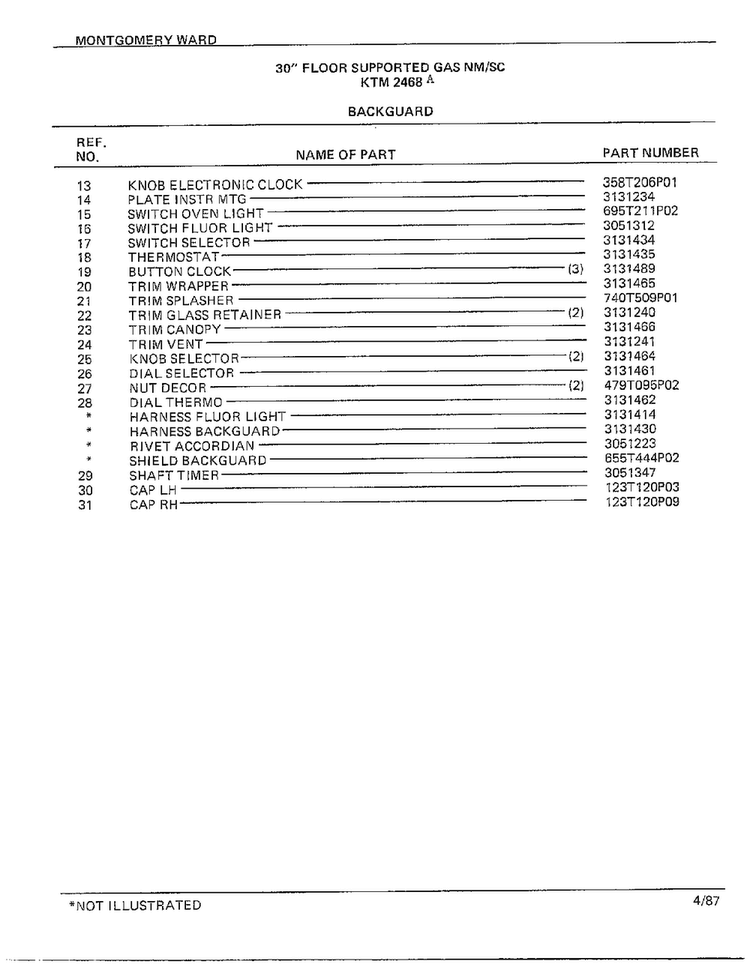 30" Floor/backguard Page 2 Diagram and Parts List for 2468A  Frigidaire Range