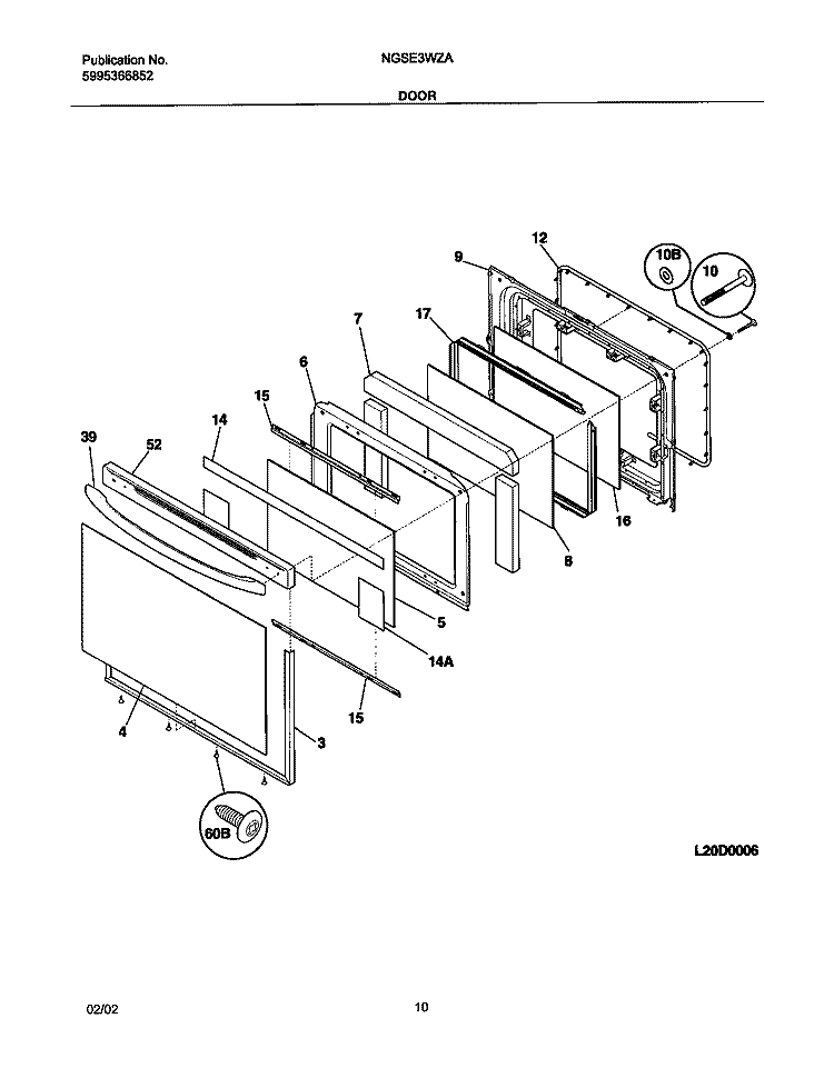 DOOR Diagram and Parts List for NGSE3WZAQE  Frigidaire Range