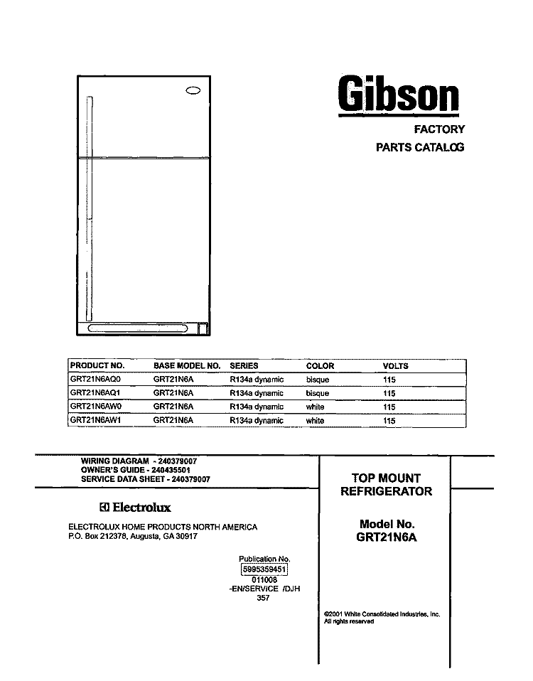 COVER Diagram and Parts List for GRT21N6AW0  Gibson Refrigerator