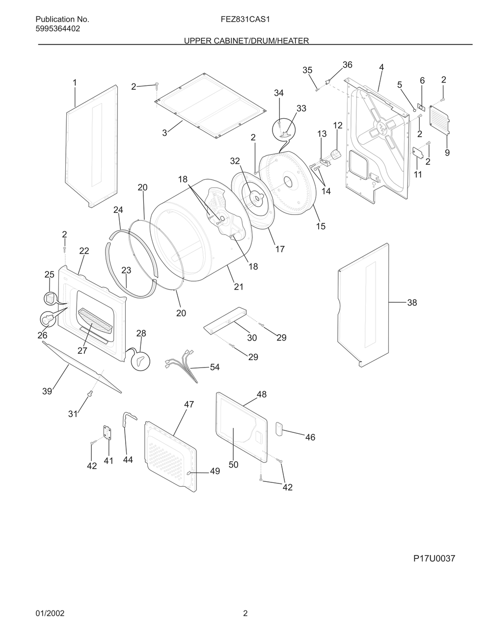 Upper Cabinet/Drum/Heater Diagram and Parts List for FEZ831CAS1  Frigidaire Dryer