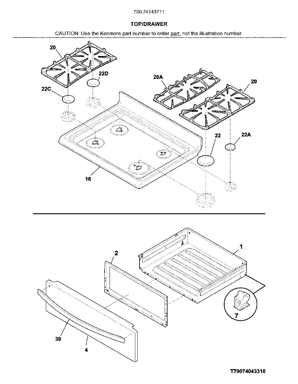 Top/drawer Diagram and Parts List for 79074143711  Kenmore Range