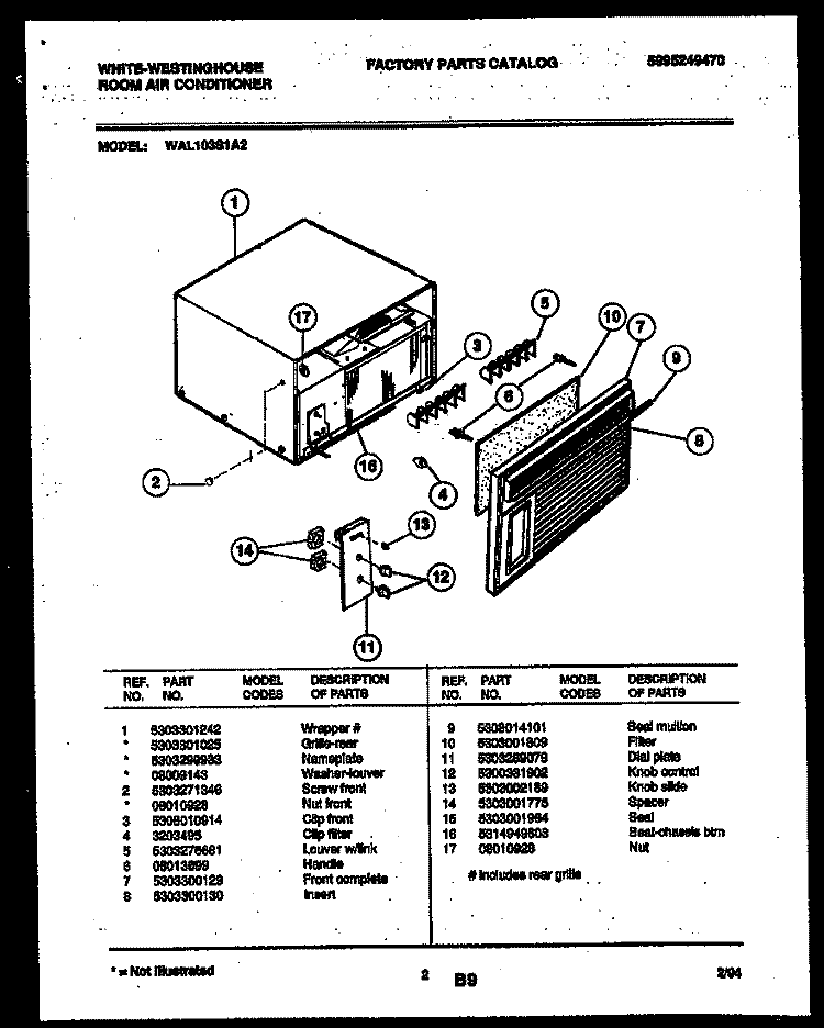 CABINET PARTS Diagram and Parts List for WAL103S1A2  Frigidaire Air Conditioner