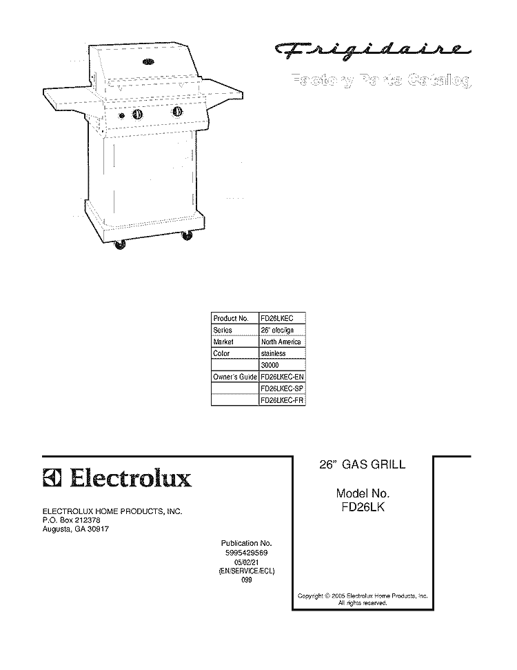 COVER Diagram and Parts List for FD26LKEC  Frigidaire Grill