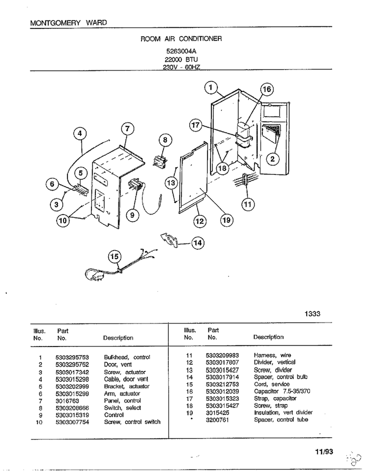 Room Air Conditioner Page 3 Diagram and Parts List for 5263004A  Frigidaire Air Conditioner