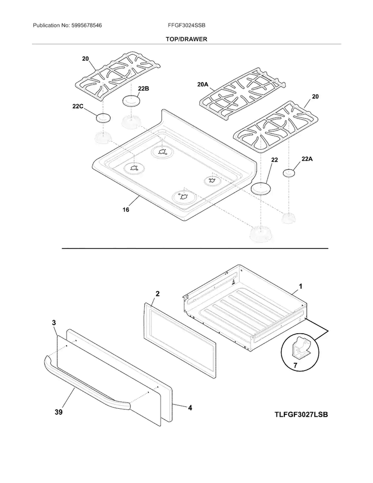 Top/drawer Diagram and Parts List for FFGF3024SSB  Frigidaire Range