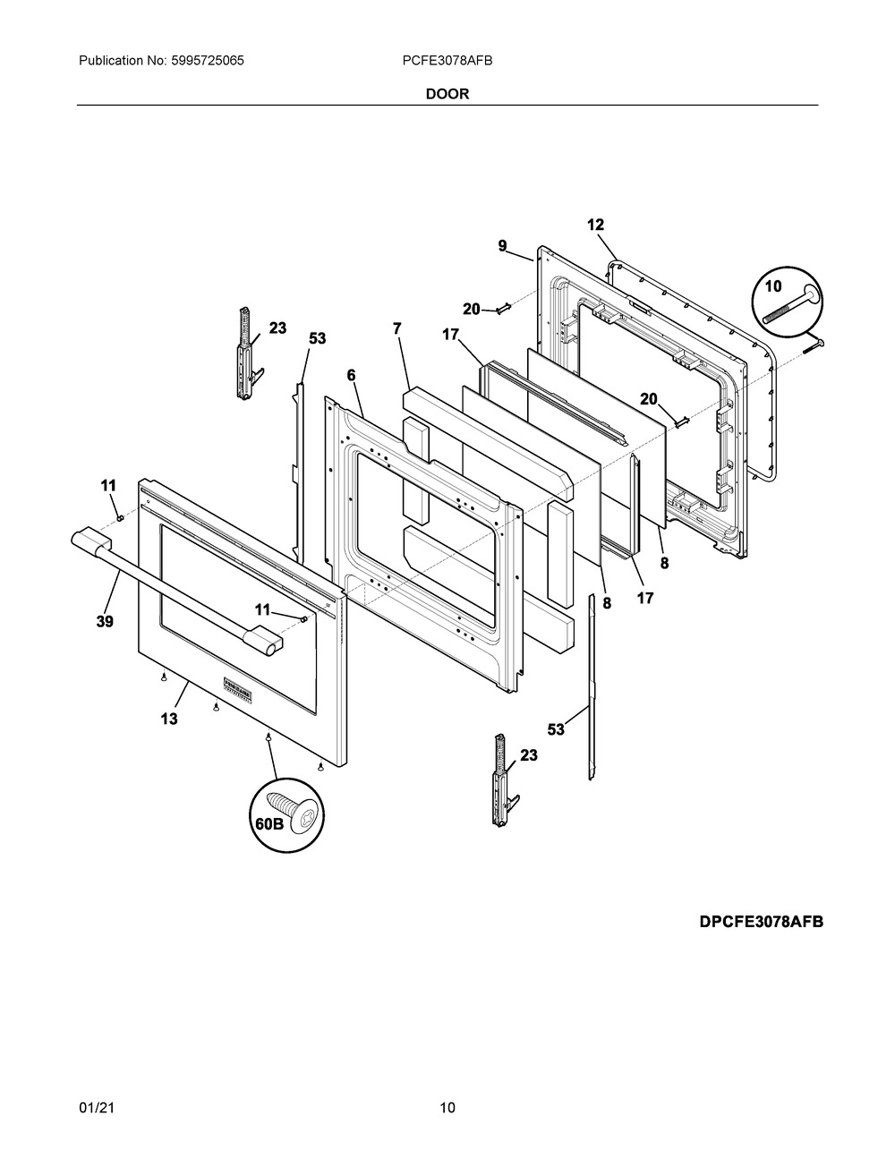Door Diagram and Parts List for PCFE3078AFB  Frigidaire Range