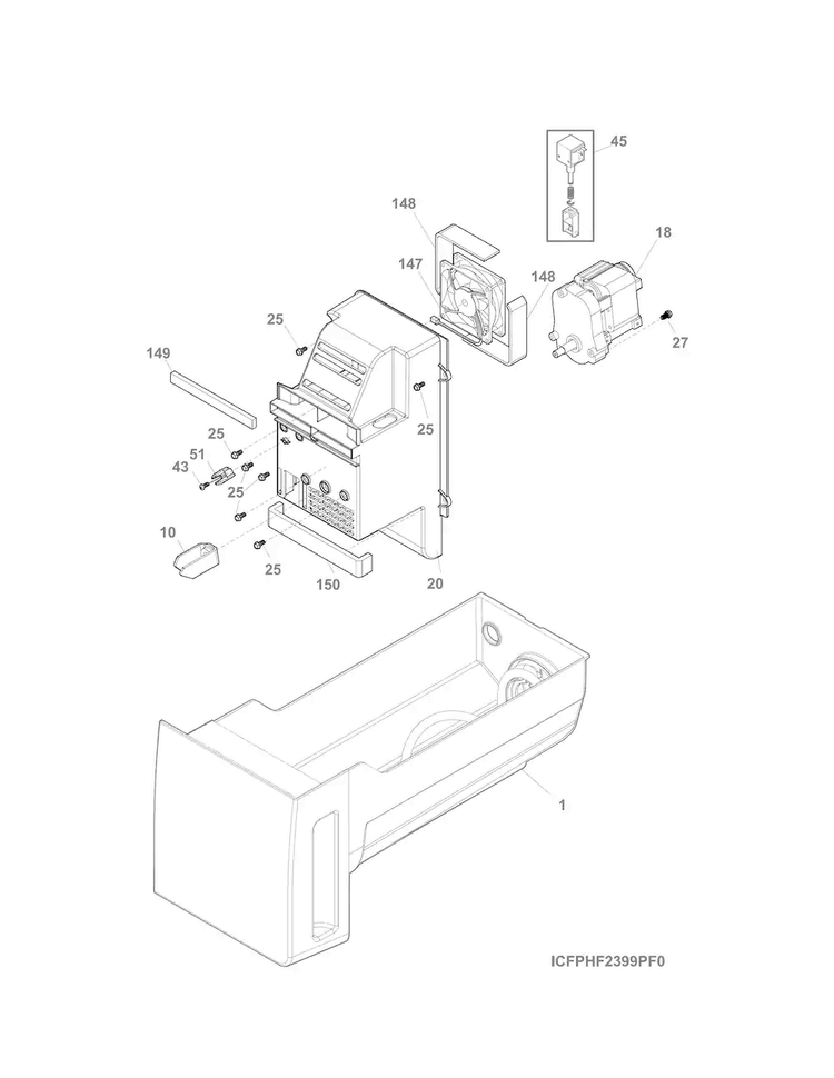 Ice Container Diagram and Parts List for 25370443414  Kenmore Refrigerator