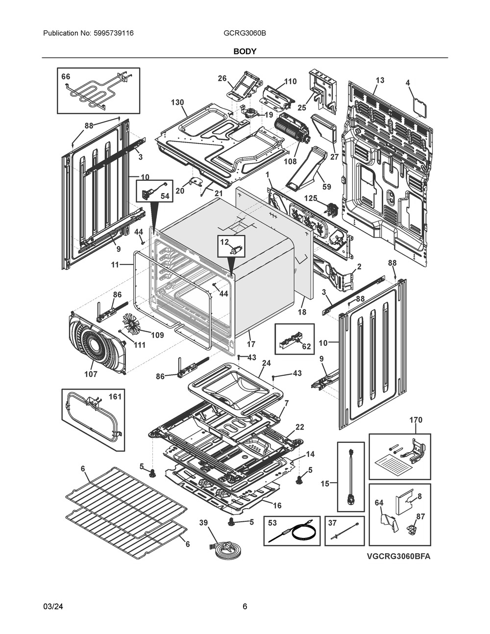 Body Diagram and Parts List for GCRG3060BDA  Frigidaire Range