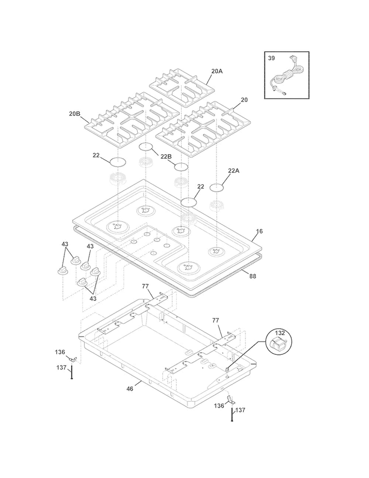 Cook Top Diagram and Parts List for E36GC70FSS2  Electrolux Cooktop