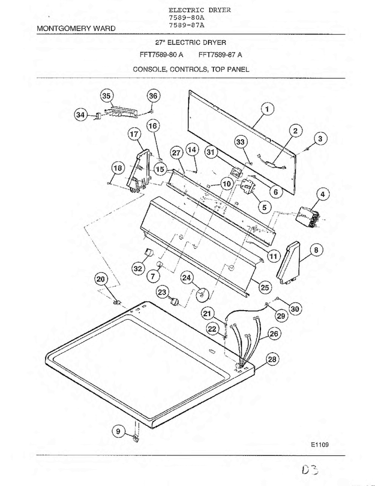 Console, Controls, Top Panel Diagram and Parts List for 7589-87A  Frigidaire Dryer