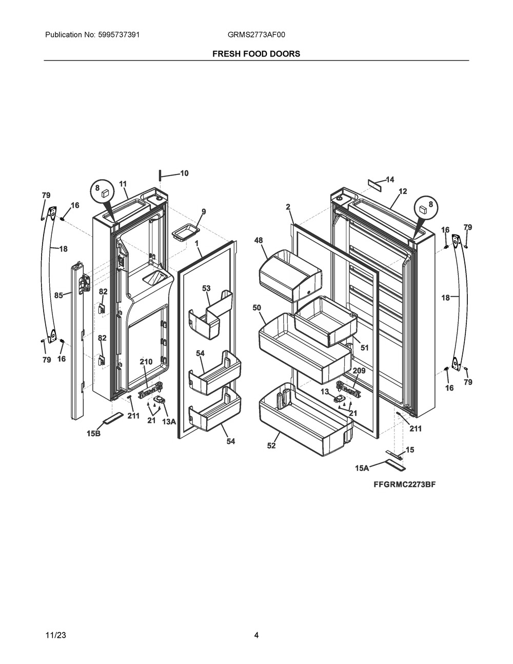 Fresh Food Doors Diagram and Parts List for GRMS2773AF00  Frigidaire Refrigerator
