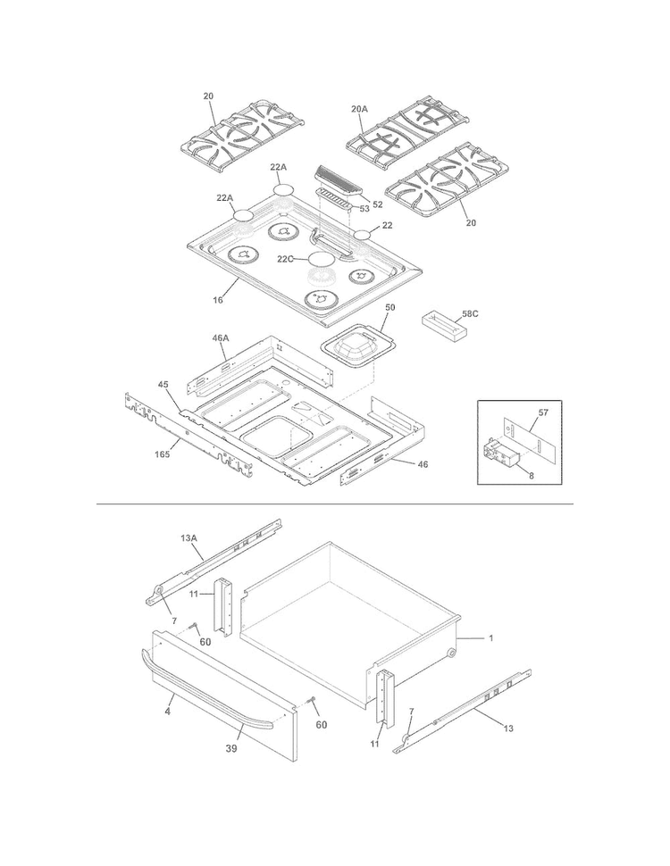 Top/drawer Diagram and Parts List for FFGS3025PSA  Frigidaire Range
