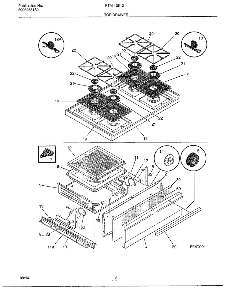 Top/drawer Diagram and Parts List for 2843-80C  Frigidaire Range