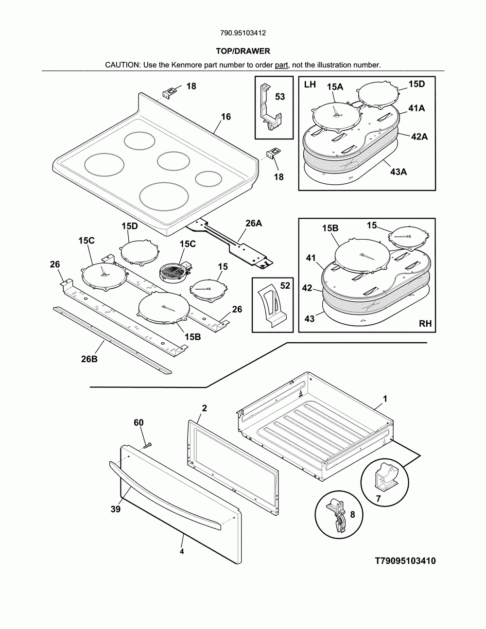 Top/drawer Diagram and Parts List for 79095103412  Kenmore Range