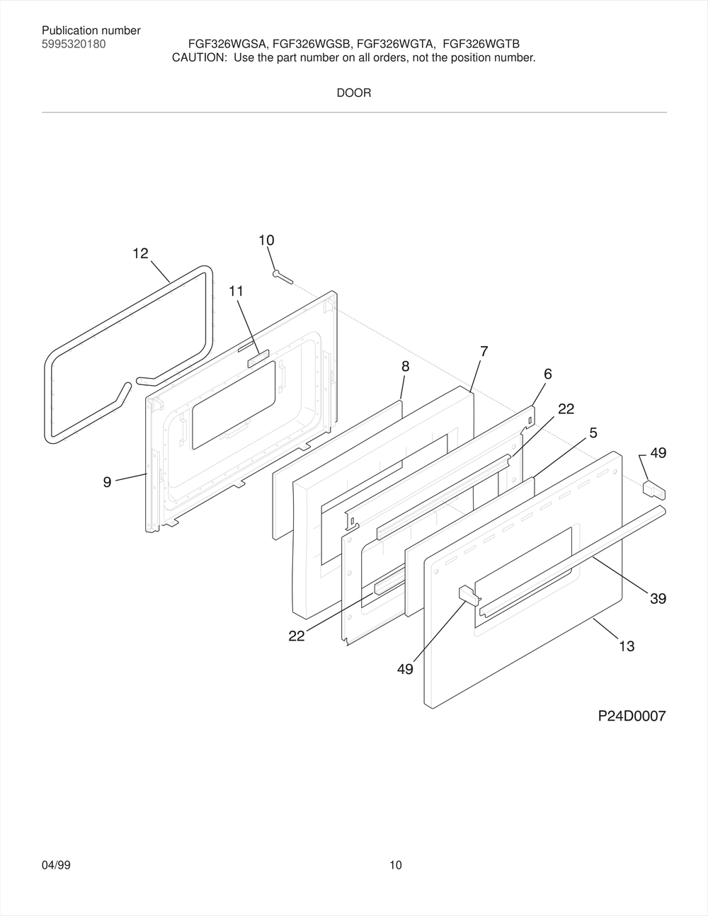 Door Diagram and Parts List for FGF326WGTB  Frigidaire Range