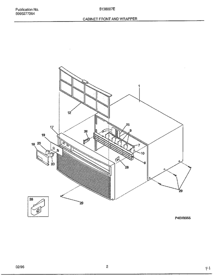 Cabinet Front And Wrapper Diagram and Parts List for 5138007E  Frigidaire Air Conditioner