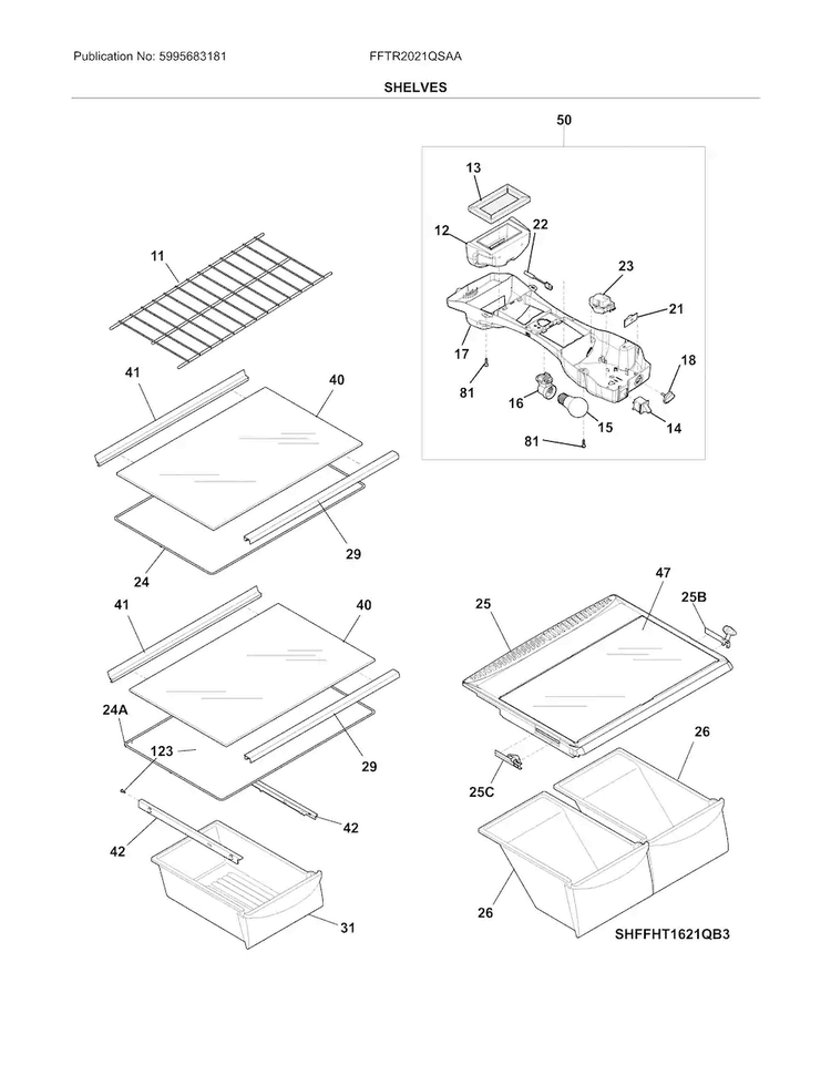 Shelves Diagram and Parts List for FFTR2021QSAA  Frigidaire Refrigerator