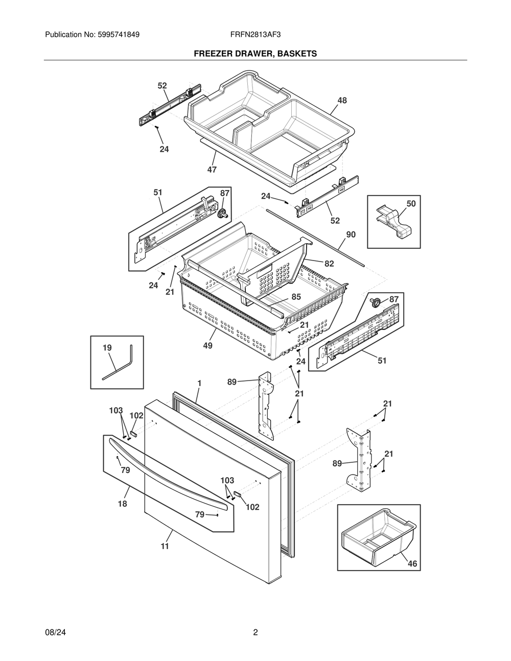 Freezer Drawer, Baskets Diagram and Parts List for FRFN2813AF3  Frigidaire Freezer