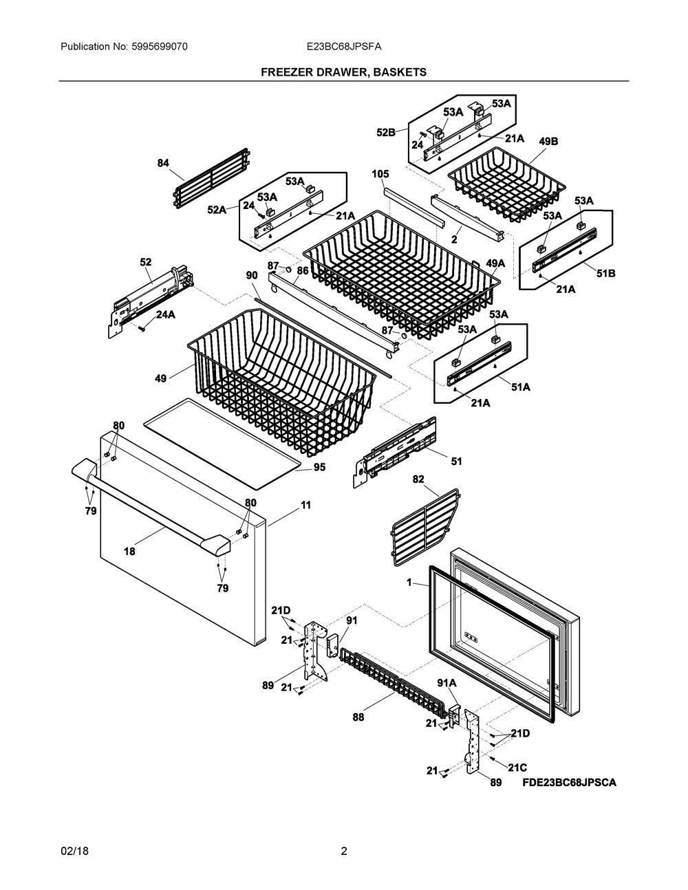 Freezer Drawer, Baskets Diagram and Parts List for E23BC68JPSFA  Frigidaire Refrigerator