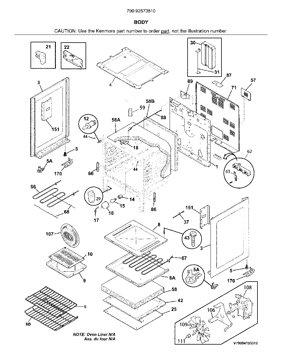 Body Diagram and Parts List for 79092573810  Kenmore Range