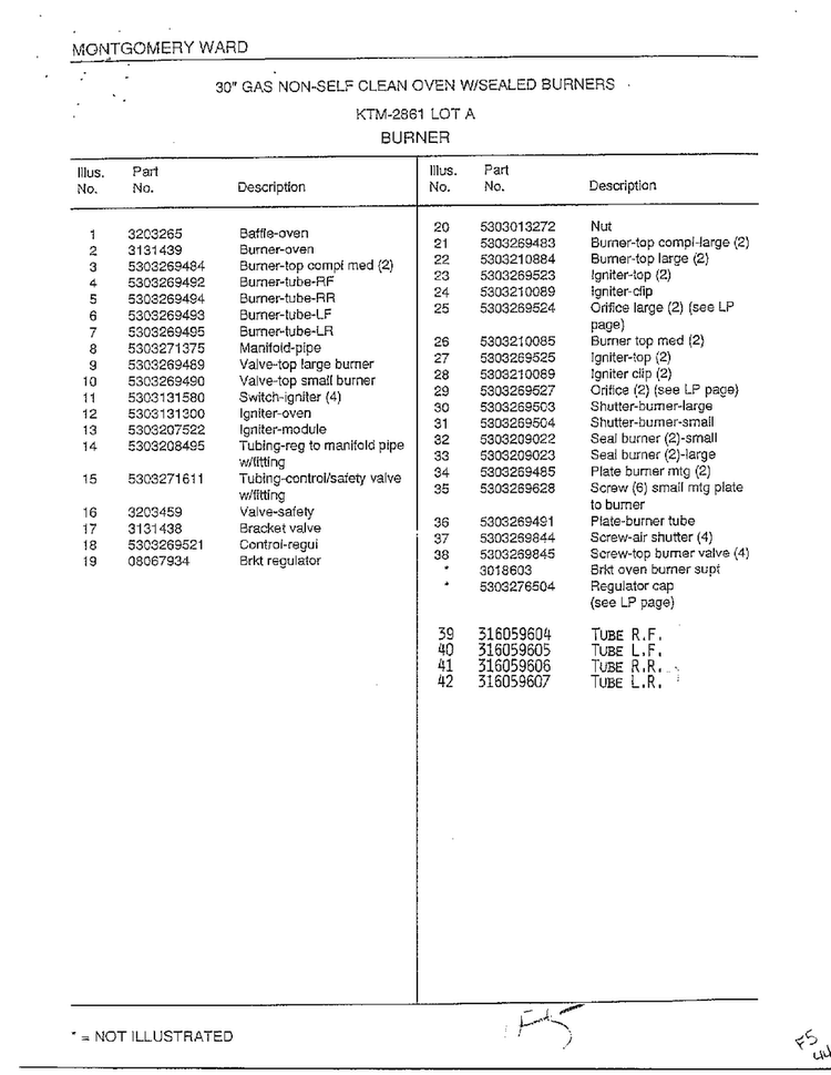 Burner Page 2 Diagram and Parts List for 2861A  Frigidaire Range