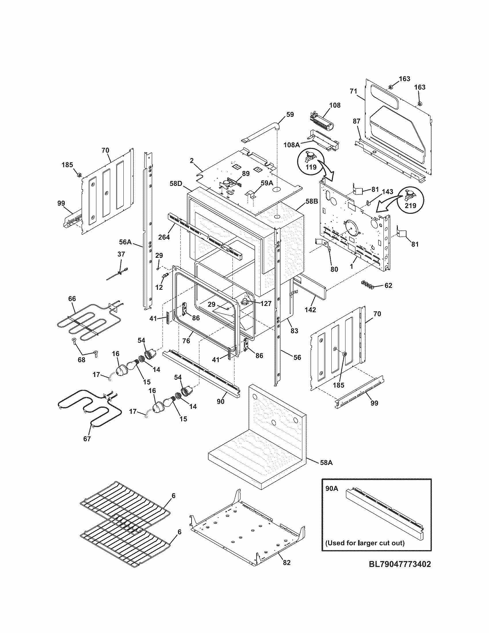 Lower Oven Diagram and Parts List for 79047773402  Kenmore Wall Oven