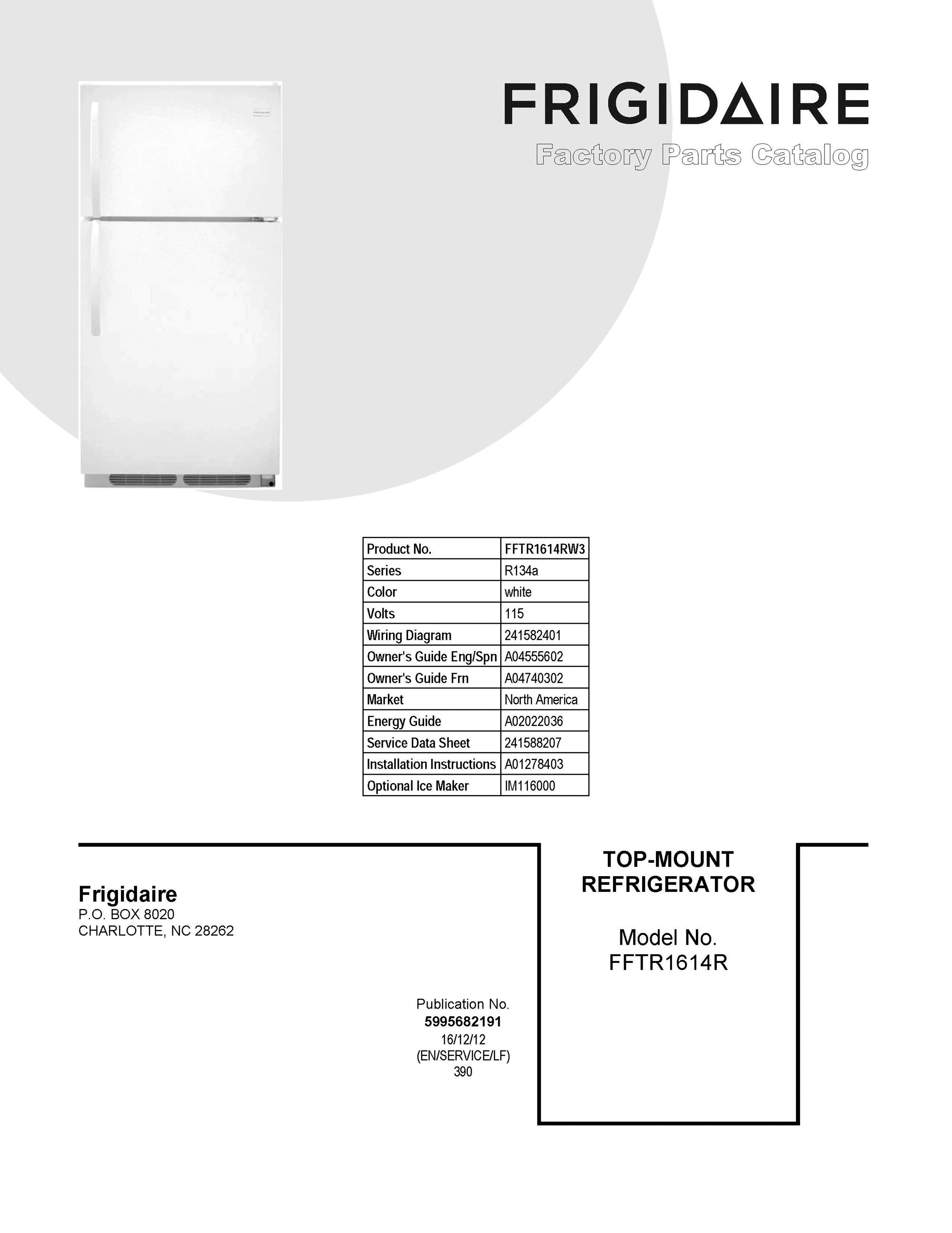 01 - COVER SHEET Diagram and Parts List for FFTR1614RW3  Frigidaire Refrigerator