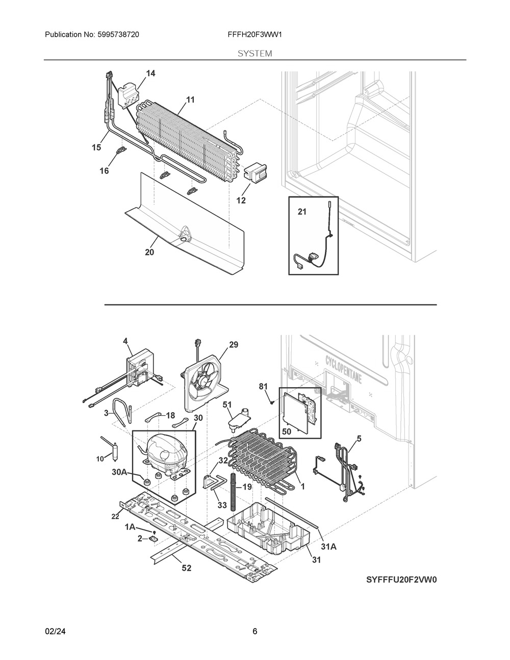 System Diagram and Parts List for FFFH20F3WW1  Frigidaire Freezer