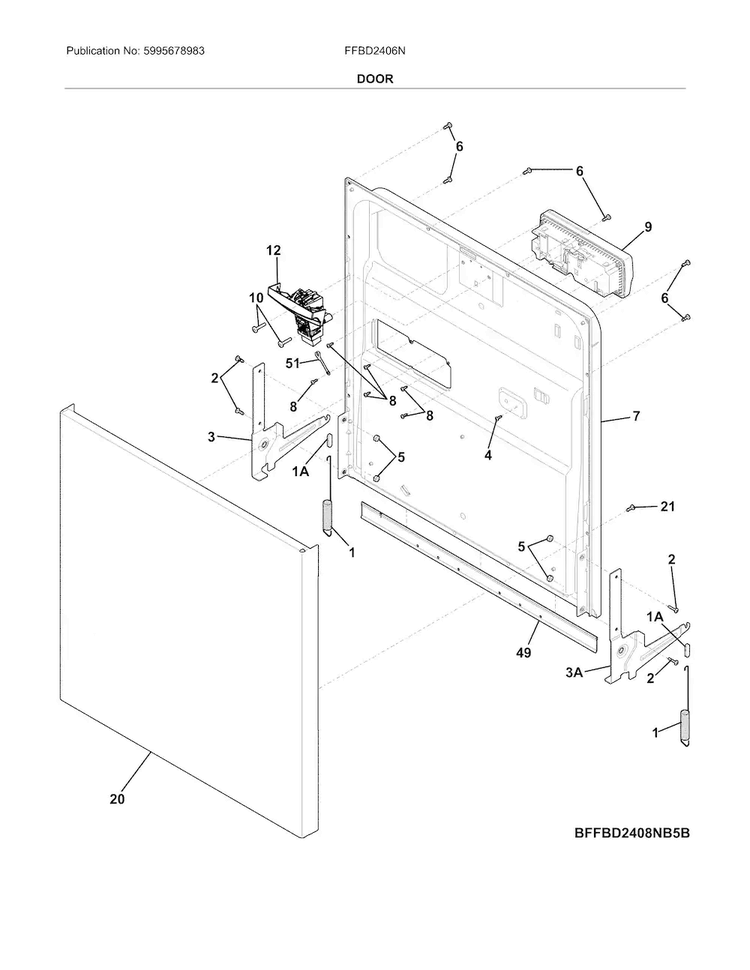 Door Diagram and Parts List for FFBD2406NB9B  Frigidaire Dishwasher