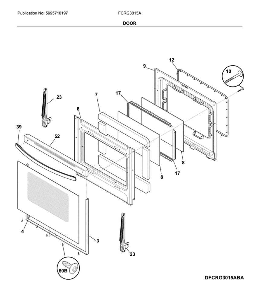 Door Diagram and Parts List for FCRG3015ABA  Frigidaire Range