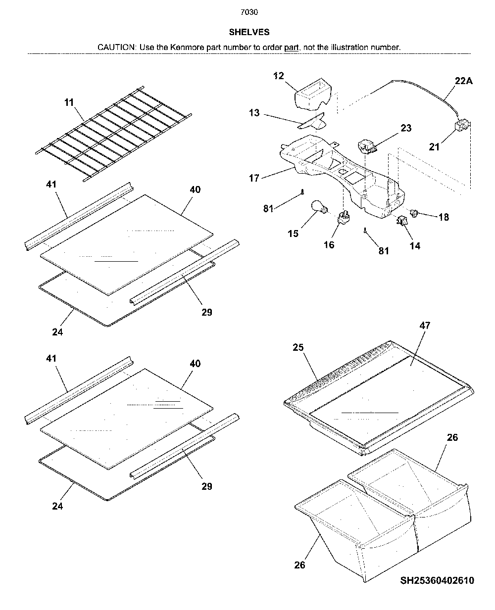 Shelves Diagram and Parts List for 25370302613  Kenmore Refrigerator