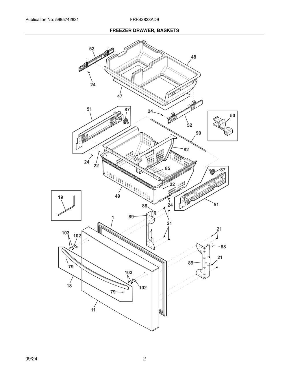 Freezer Drawer, Baskets Diagram and Parts List for FRFS2823AD9  Frigidaire Refrigerator
