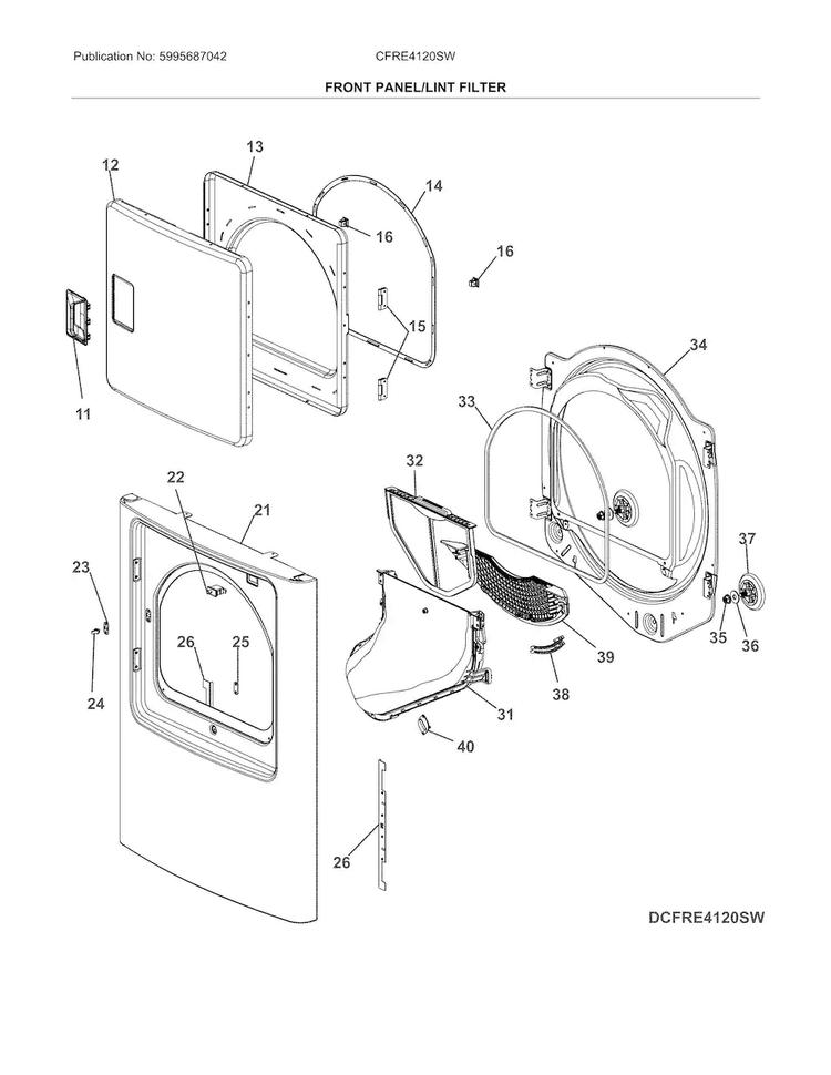 Front Panel/lint Filter Diagram and Parts List for CFRE4120SW  Frigidaire Dryer