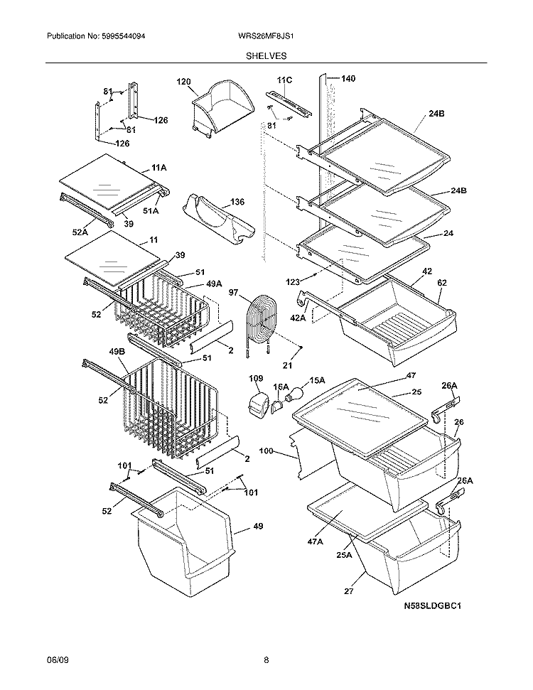 SHELVES Diagram and Parts List for WRS26MF8JS1  Crosley Refrigerator