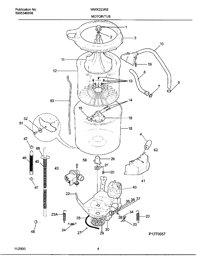 MOTOR / TUB Diagram and Parts List for WWX223REW1  Frigidaire Washer
