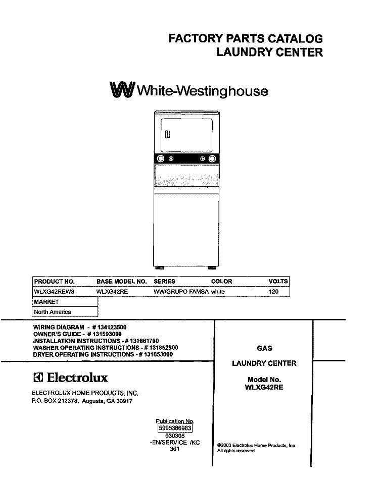 COVER Diagram and Parts List for WLXG42REW3  Westinghouse Washer Dryer Combo