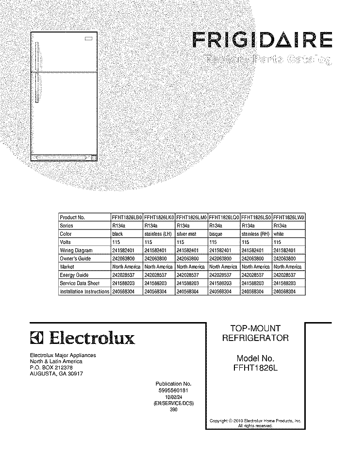 COVER Diagram and Parts List for FFHT1826LK0  Frigidaire Refrigerator