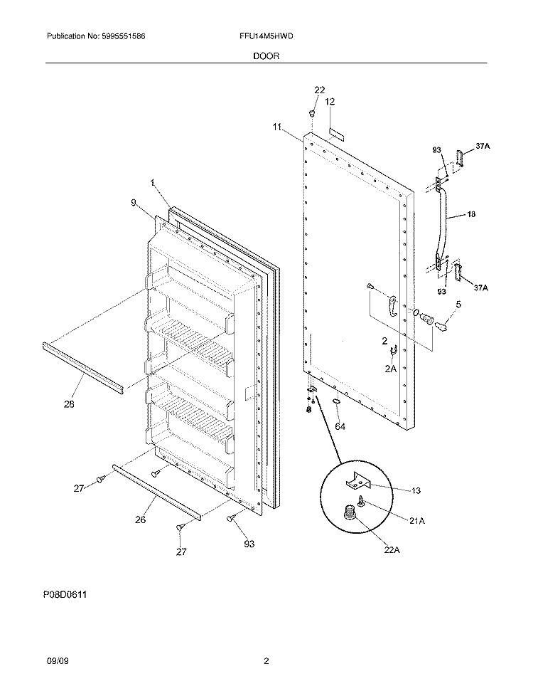 DOOR Diagram and Parts List for FFU14M5HWD  Frigidaire Freezer