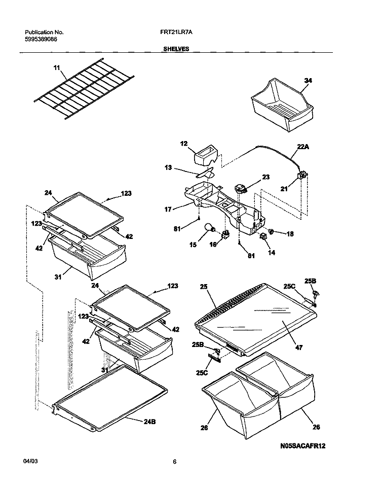 SHELVES Diagram and Parts List for FRT21LR7AQ7  Frigidaire Refrigerator