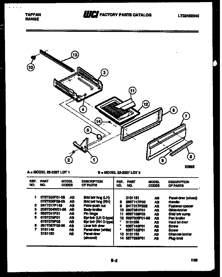 BROILER DRAWER PARTS Diagram and Parts List for 32-2227-00-01  Tappan Range