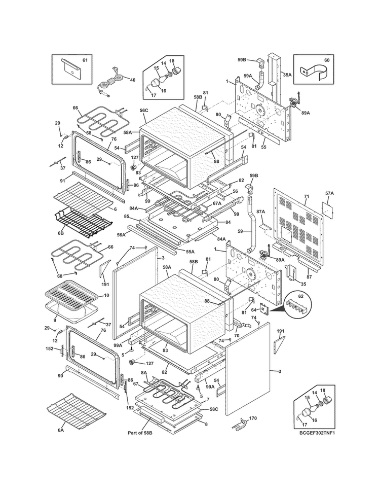 Body Diagram and Parts List for CGEF302TNF1  Frigidaire Range