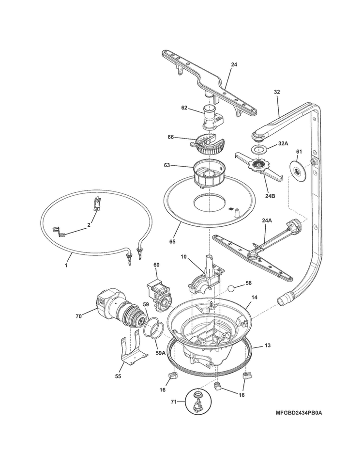 Motor & Pump Diagram and Parts List for FGBD2434PW4A  Frigidaire Dishwasher