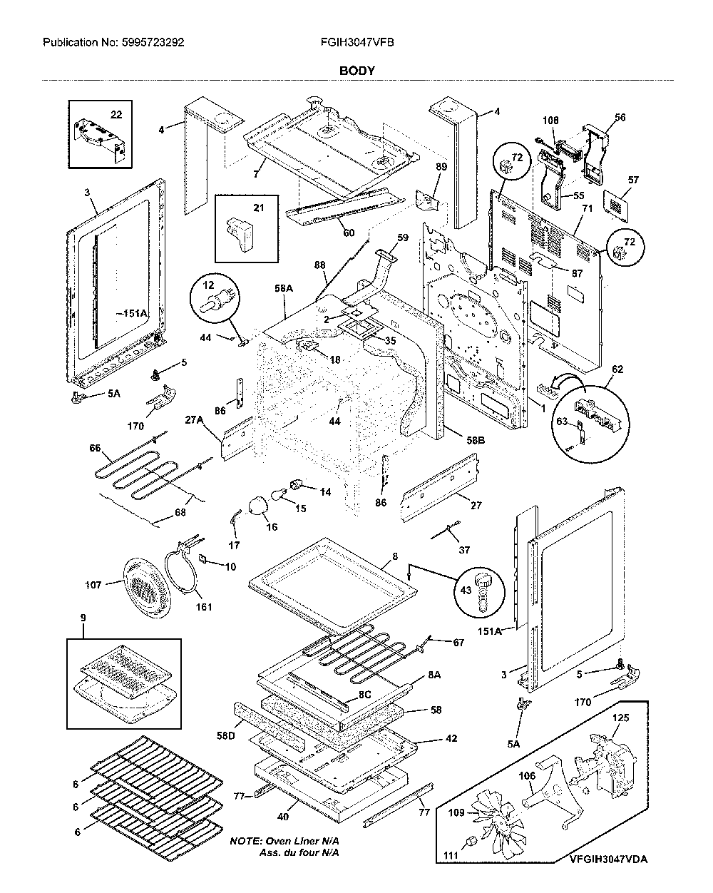 Body Diagram and Parts List for FGIH3047VFB  Frigidaire Range