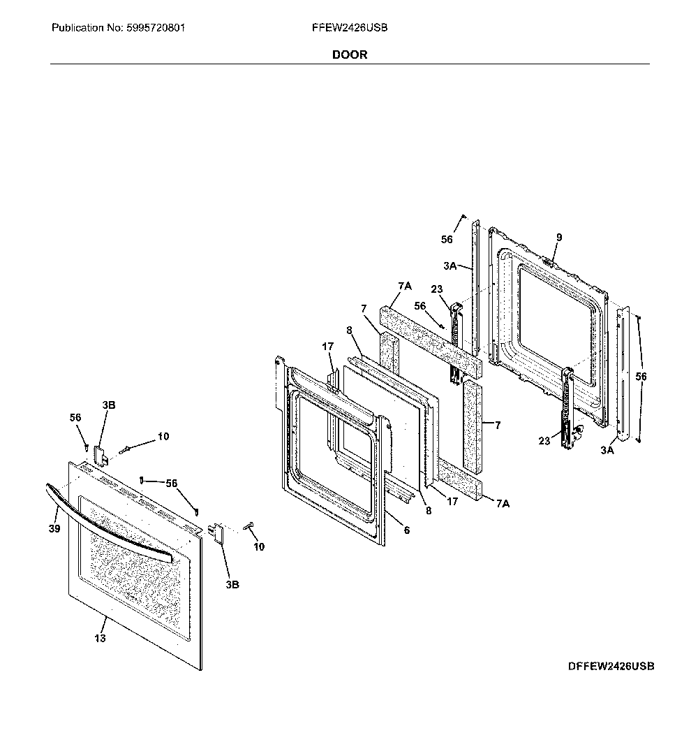 Door Diagram and Parts List for FFEW2426USB  Frigidaire Wall Oven