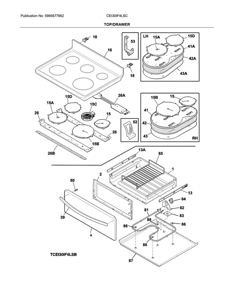 Top/drawer Diagram and Parts List for CEI30IF4LSC  Electrolux Range