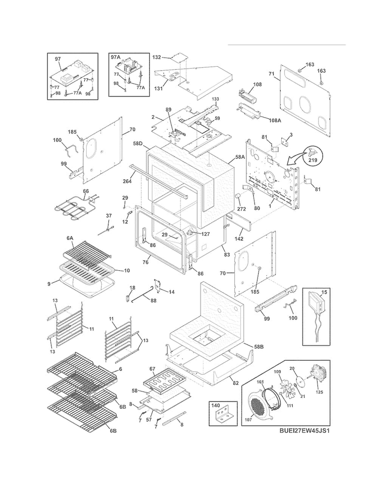 Upper Oven Diagram and Parts List for EI27EW45KW1  Electrolux Wall Oven