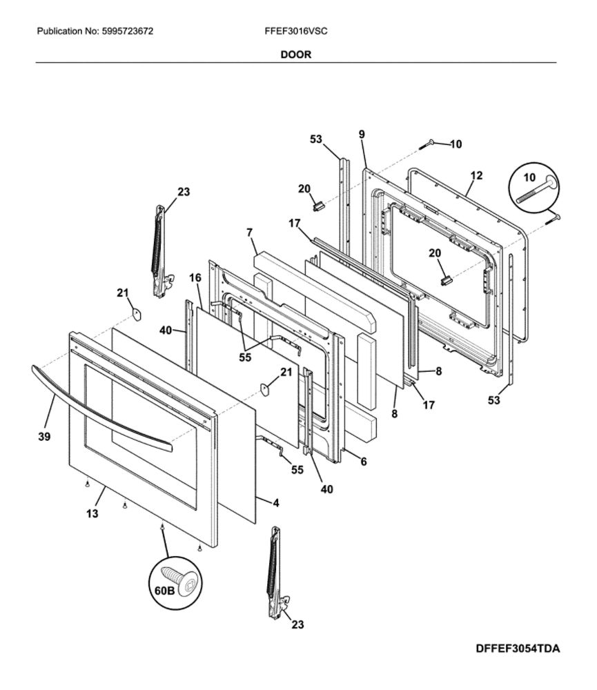 Door Diagram and Parts List for FFEF3016VSC  Frigidaire Range