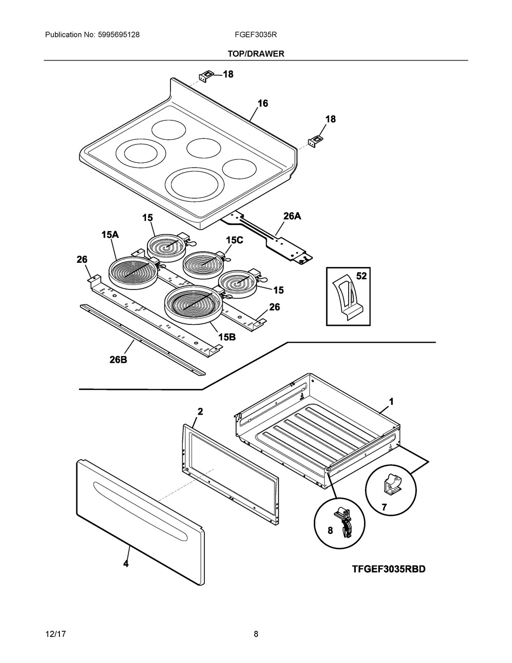 Top/drawer Diagram and Parts List for FGEF3035RBD  Frigidaire Range