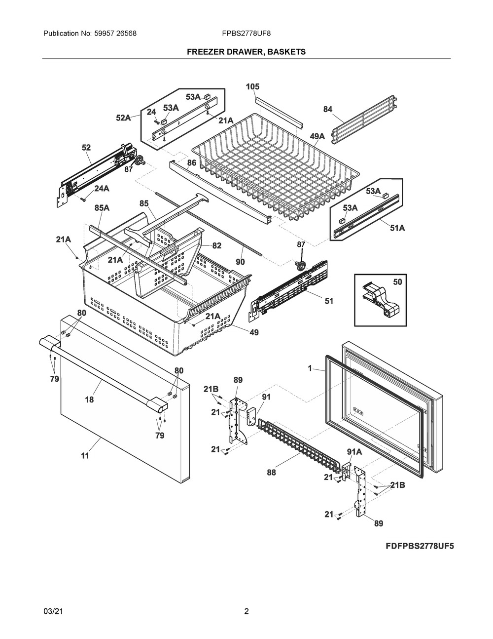 Freezer Drawer, Baskets Diagram and Parts List for FPBS2778UF8  Frigidaire Refrigerator