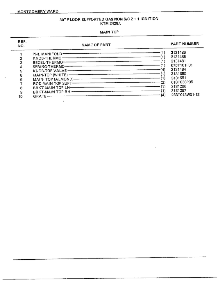 30" Floor/main Top Page 2 Diagram and Parts List for 2428A  Frigidaire Range